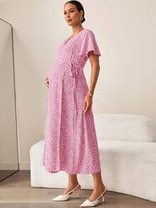 MaterniWear 孕妇印花系带V领连衣裙，度假花园 - 粉色 - 查看 4