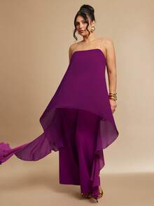 SHEIN BAE Mono informal de verano de talla grande con unicolor y volante asimétrico en el bajo - Morado - Ver 3
