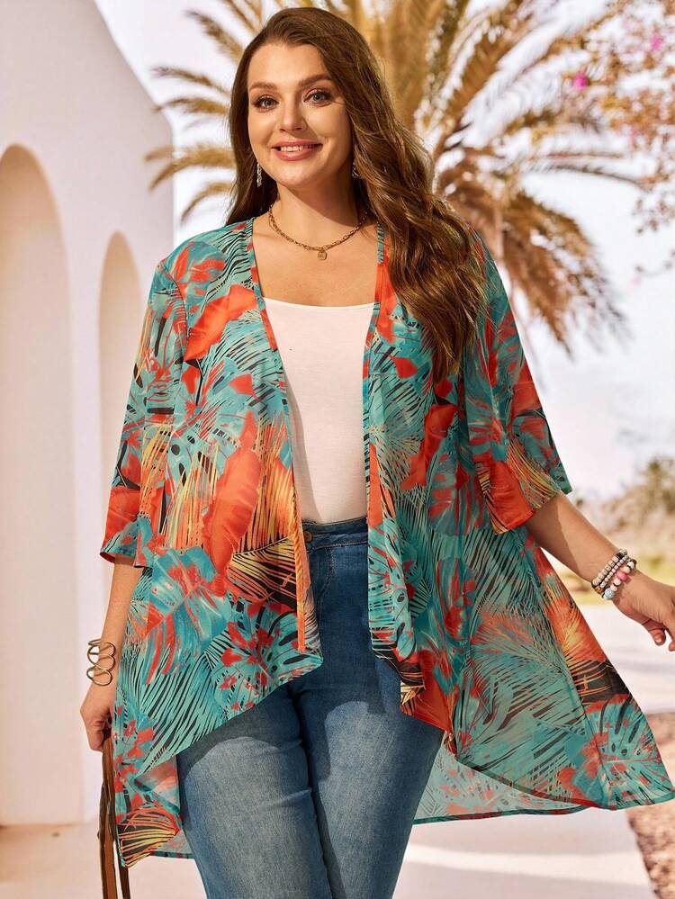 Plus Size Summer Vacation Leaf Print Asymmetric Hem Front Open Jacket Beach Outfits  Beach Cover-Up Women Summer Outfits Plus Size Spring Outfits Plus Size Summer Jackets Outer Wear For Summer Women Plus Size Women Clothes Clothes For Ladies
