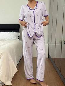 SHEIN 粉色和白色条纹蝴蝶结开衫休闲女士睡衣套装 - 紫色 - 查看 5