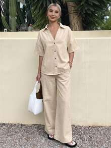 Conjunto de top vaquero de manga corta con botones y pantalones vaqueros de unicolor casual para mujer, verano - Caqui - Ver 2