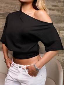 Victoria Miranda Black Casual Slash Shoulder Asymmetrical T-Shirt, Versatile For Daily Wear, Dating, Afternoon Tea, Hanging Out With Friends, All-Matching Occasions - Black - View 6