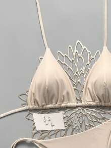 Swim Mod Conjunto de bikini de verano para mujer de unicolor con escote halter y lazos, traje de baño sexy - Beis - Ver 4
