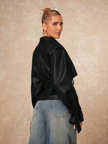 Lumalex Women's Solid Color Distressed Raglan Sleeve Trench Coat - Black - View 2