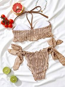 Swim SXY 纯色提花面料荷叶边系带露背性感可爱比基尼套装，女士，春夏款 - 咖啡棕 - 查看 2