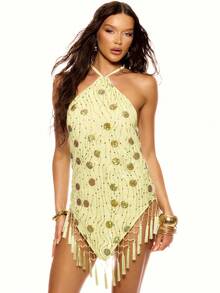 MUSERA Đầm tam giác buộc dây cổ yếm, đính sequin và hạt cườm, tua rua, dễ thương, gợi cảm, thích hợp cho mùa hè, mùa xuân, kỳ nghỉ, đi chơi, dự tiệc. - màu xanh lá - Xem 1