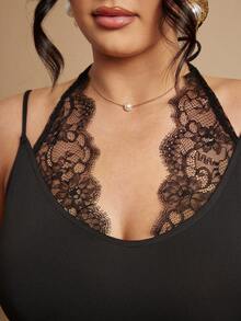 SHEIN BAE 大码女式黑色蕾丝拼接吊带背心 - 黑色 - 查看 7