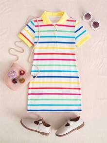 SHEIN Young Girl White Summer Rainbow Striped Polo Collar Knit Dress,Matching Princess 7th Birthday Outfit,Family Vacation Pride Month Casual Beach Wear - Multicolor - View 4