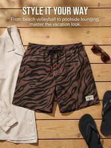 Azuldrift Shorts de playa con cordón en la cintura con estampado de cebra para hombres - Marrón - Ver 5