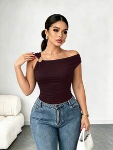 Elenzga Plus Size Women Asymmetric Collar Fitted Casual T-Shirt - Redwood - View 3