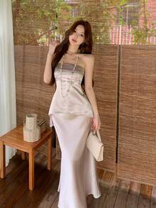 Joudiya Bộ áo quây và chân váy suông bằng vải satin mùa xuân hè, thích hợp cho đám cưới, tiệc tùng, tiệc chiêu đãi, trình diễn thời trang, công sở, thường ngày, kỳ nghỉ, trang phục công sở thanh lịch dành cho nữ. - Xám - Xem 8