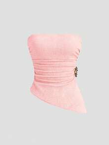 Sweetra Women's Crop Top With Ruched Waist And Side Slit Party Night Dusty Pink Summer - Pink - View 3
