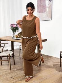 Lounesse Plus Size Color Block Round Neck Top And Pants Casual Two Pieces Set - Brown - View 2