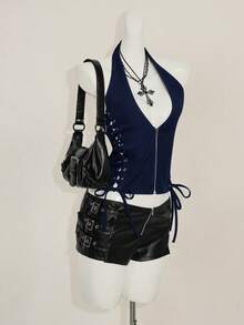 SHEIN ICON Summer Y2K Navy Blue V Neck Going Out Night Out Concert Women's Black Goth Sexy Grommet Solid Color Fashion Side Cross Strap Halter Tank Top - Navy Blue - View 4