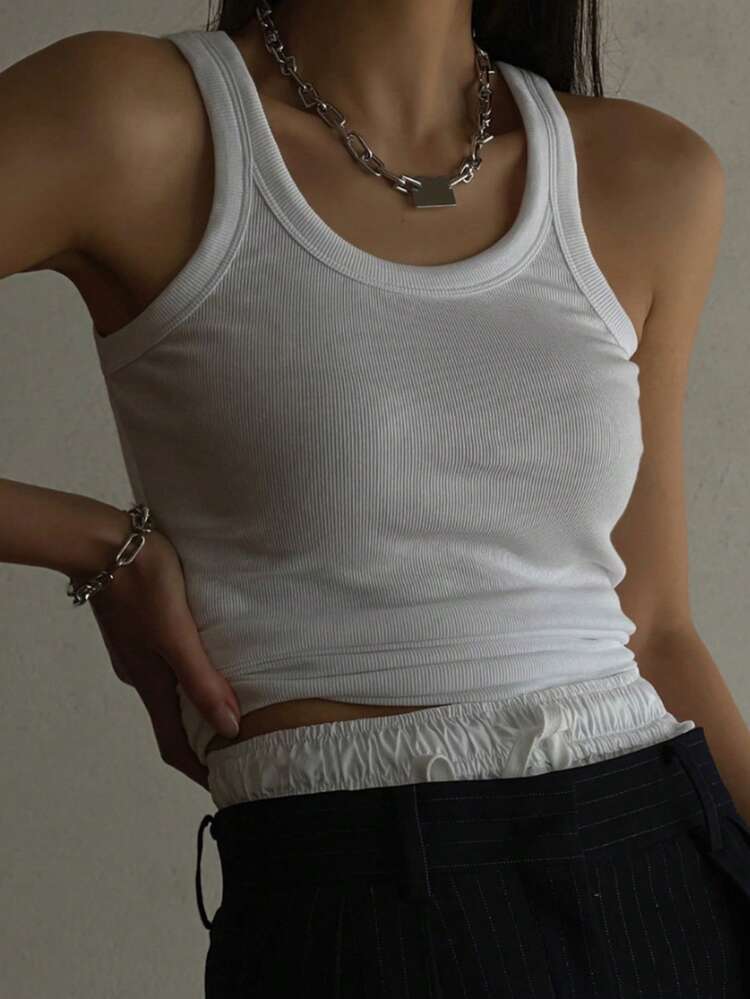 Women's Solid Color Ribbed Crew Neck Casual Versatile Tank Top