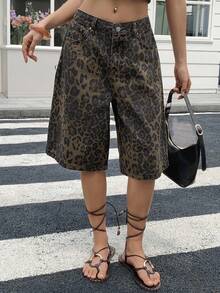 Dazy Tall Women's Leopard Print Cropped Jeans Casual Shorts Summer, Tall Women Everyday Brown - Brown - View 4