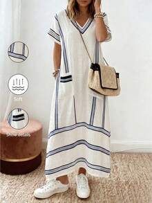 SHEIN Holidaya Women's Summer Blue And White Stripe V-Neck Cotton Dress,Casual Holiday Vacation Relaxed Fit Sleeveless Digital Print Woven Front Pocket Resort Wear - Multicolor - View 1