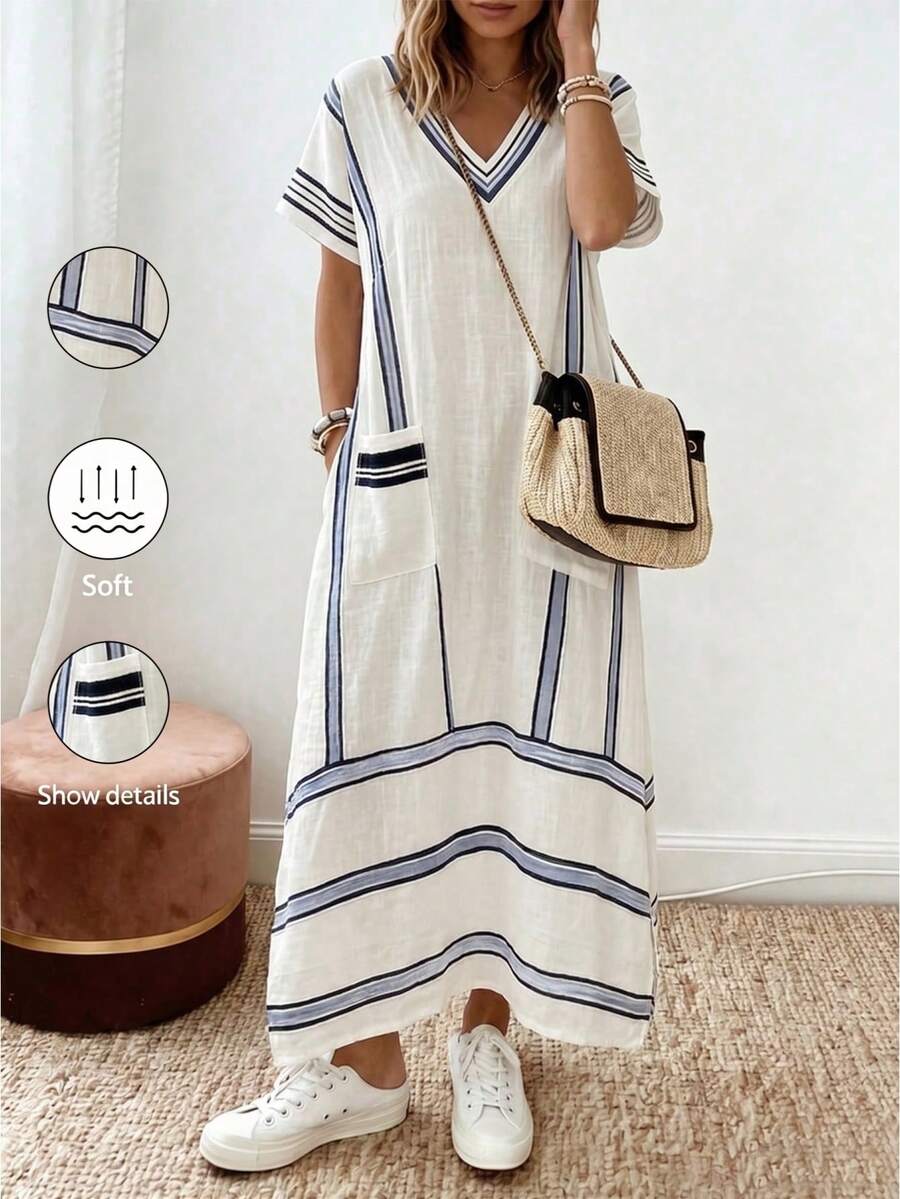 SHEIN Holidaya Women's Summer Blue And White Stripe V-Neck Cotton Dress,Casual Holiday Vacation Relaxed Fit Sleeveless Digital Print Woven Front Pocket Resort Wear - Multicolor - View 1