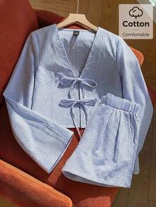 SHEIN EZwear 蓝色条纹休闲长袖系带衬衫和短裤家居服套装 - 藍白色 - 查看 6