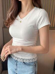 DAZY Women's Round Neck Solid Color Basic White Short Sleeve T-Shirt, Spring/Summer - White - View 2