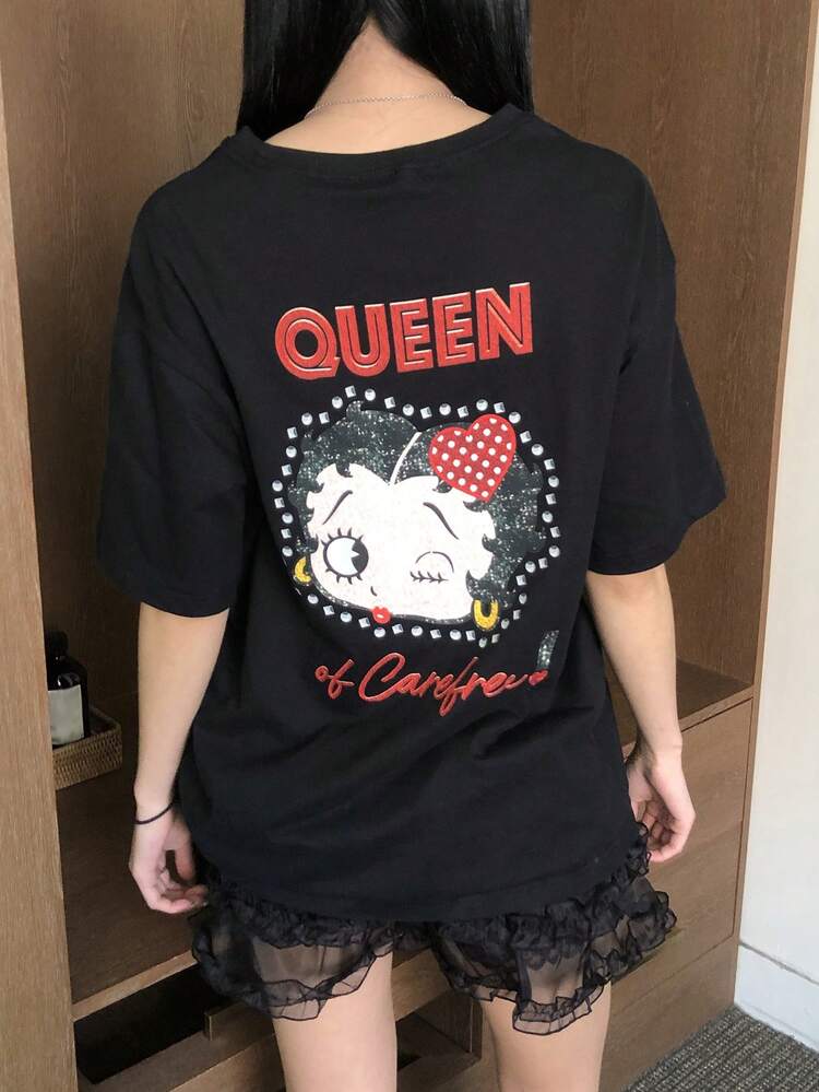 Women's Casual Fashionable Street Wear Cartoon Character & Letter Print Loose Fit Black T-Shirt, Suitable For Daily Commute In Summer