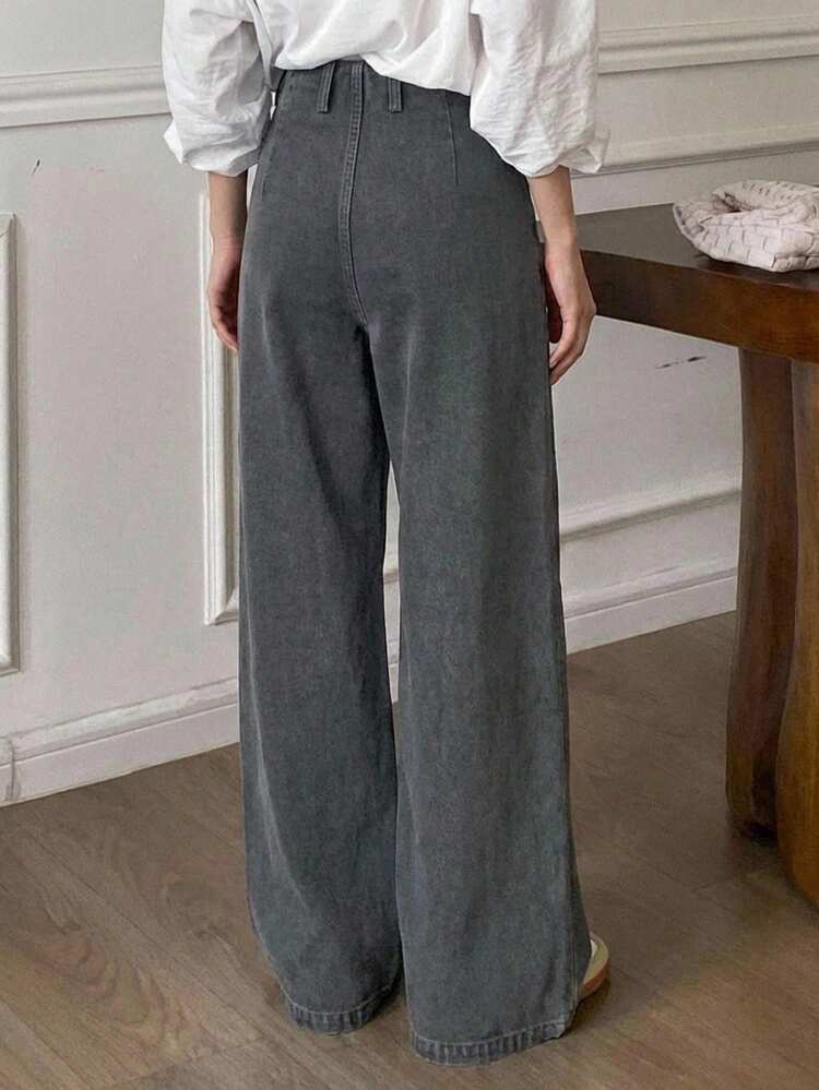 Solid Color Distressed Washed Loose Wide Leg Pleated Casual Street Style Women Long Pants, Spring/Summer