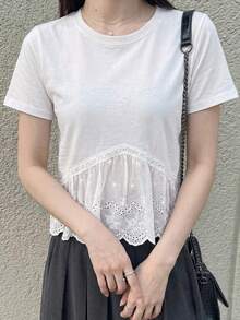 DAZY Women's Solid Color Crew Neck Short Sleeve Lace Patchwork Casual Summer Top - White - View 4