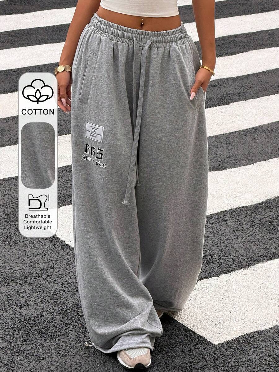 DAZY Printed Loose Wide Leg Pants, Elastic Waist Casual Sports Street Style Summer Trousers For Women - Grey - View 1