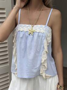 Livesso Women's Lace Patchwork Ruffle Casual Versatile Daily Wear Camisole Top Summer - Blue - View 3
