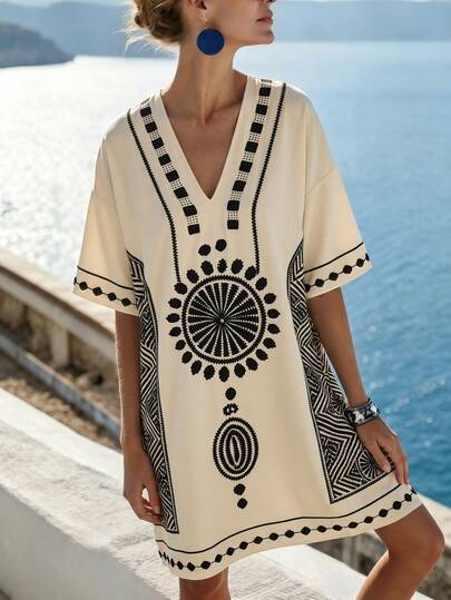 SHEIN Holidaya Vestido de mujer con escote en V profundo decorado con estampado floral, adecuado para la playa, vacaciones, uso casual, moda boho retro, elegante y de moda para el Día de San Valentín, reuniones familiares, Año Nuevo, Navidad, vestido mini para primavera/verano