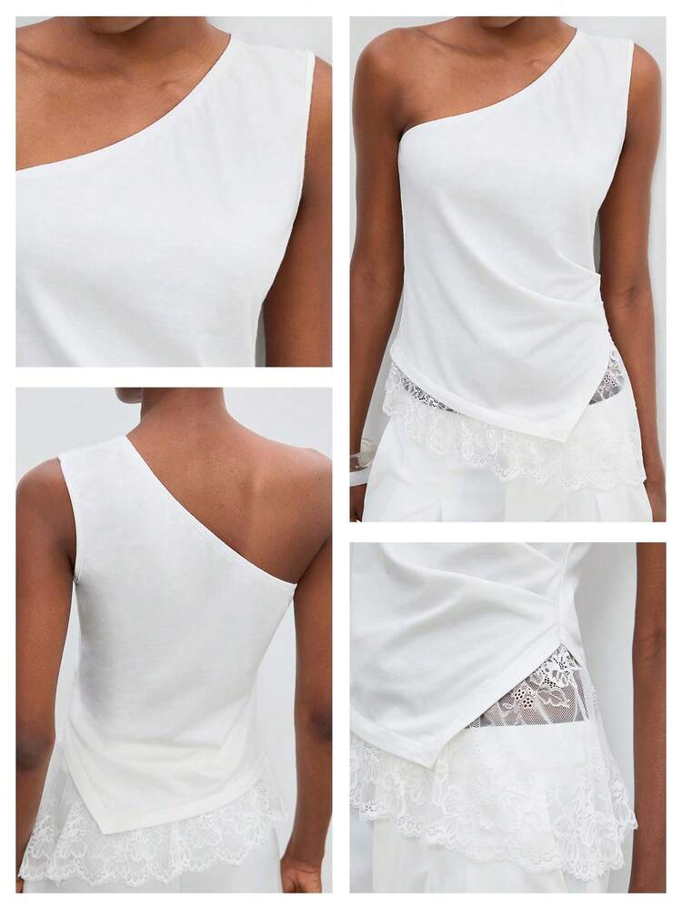 SHEIN Maija White Elegant Summmer Date Women's Lace Patchwork One Shoulder Top,Casual Versatile Cotton Stretch Blouse,Vacation Beach Holiday Festival Outfits