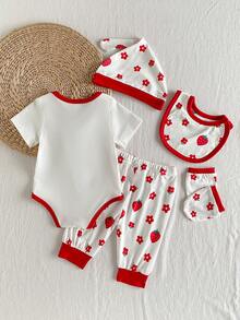 SHEIN Playful Pals 6件套新生女婴信封领圆领短袖草莓毛巾刺绣连体衣+松紧腰草莓印花裤+帽子手套围兜休闲舒适柔软套装，适合夏季外出 - 紅白色 - 查看 2