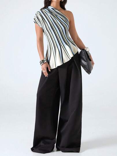 LYSMO Women's Contrast Stripe Asymmetric Knit Sweater