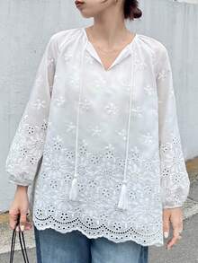FRIFUL Women's White Embroidered Blouse With Tie Collar And Ruffle Trim, Mori Girl Style For Spring/Summer - White - View 3