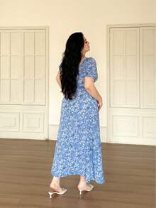 Vibekara Elegant Retro French Tea Break V-Neck Puff Sleeve Casual Slit Summer Floral Print Long Dress For Women Brown - Dusty Blue - View 2