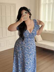 Vibekara Elegant Retro French Tea Break V-Neck Puff Sleeve Casual Slit Summer Floral Print Long Dress For Women Brown - Dusty Blue - View 3