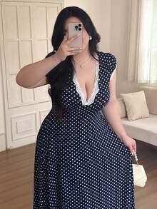 Vibekara Plus Size Polka Dot Lace V-Neck Dress, Spring/Summer - Navy Blue - View 8