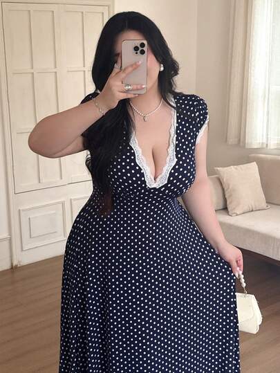 Vibekara Plus Size Polka Dot Lace V-Neck Dress, Spring/Summer