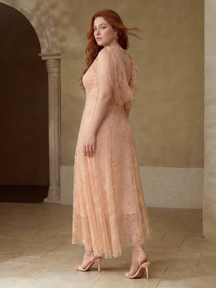 PLUS SIZE ELEGANT LACE RUFFLE TRIM DRESS, SPRING/SUMMER