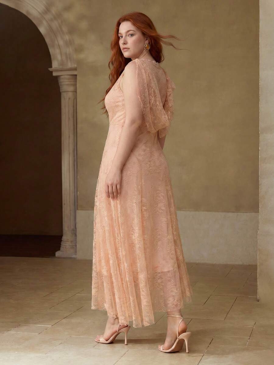 MOTF PREMIUM VESTIDO ELEGANTE DE ENCAJE Y VOLANTES TALLA GRANDE, PRIMAVERA/VERANO - Rosa - Ver 2