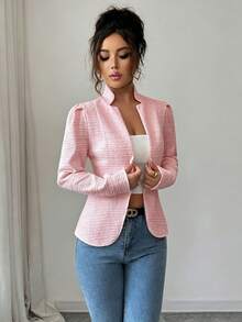 SHEIN Elenzya Áo blazer nữ thanh lịch, màu trơn, tay phồng, thích hợp cho công sở, đi làm, mùa xuân/thu. - Hồng - Xem 7