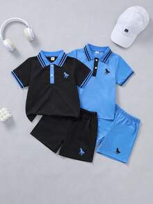 SHEIN Bộ 2 món quần short tay ngắn cổ bo gân jacquard cho bé trai, màu đen & xanh sọc với họa tiết thêu hình ngựa nhỏ, phong cách tối giản, thoải mái mùa hè cho bé trai. - Nhiều màu - Xem 3