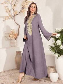 Al Najma Gaun Kerah Tegak dengan Bordir Motif Bunga, Gaya Elegan - Dusty Purple - View 3