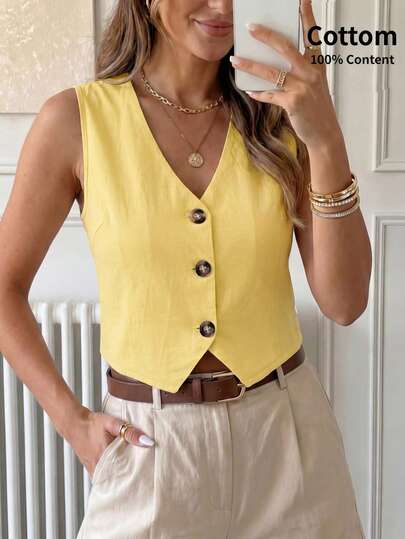 Easowa Yellow Office Lady Sleeveless Simple Solid Color Casual Shirt, Summer Easter Business Casual Woman Boho Women Clothing