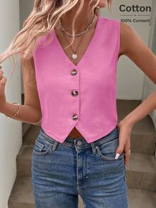 Easowa New Year Eve Office Lady Simple Solid Front Button Vest Shirt - Pink - View 6