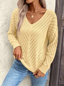 EMERY ROSE Women's Loose Casual Hollow Geometric Textured V-Neck Sweater - Yellow - View 5