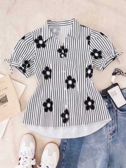 SHEIN Elladie kids Striped Front Button Short Sleeve Casual Shirt, Lantern Sleeve, Bow Tie Pleated Waist A-Line Flattering, Suitable For Commuting, Vacation And Leisure, Summer