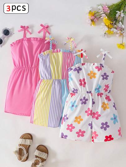 SHEIN Genkimix Kids 3pcs/Set Girls (Small) Rompers, Solid Color + Multi-Color Striped + Floral Digital Print, Suitable For Summer Daily Wear