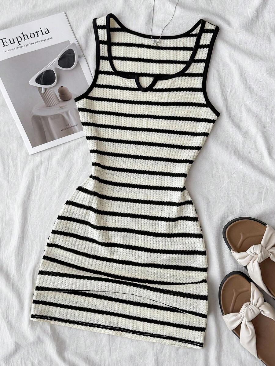 SHEIN Teen Girls' Summer Casual Vacation Knit Striped Camisole Dress - Black and White - View 1