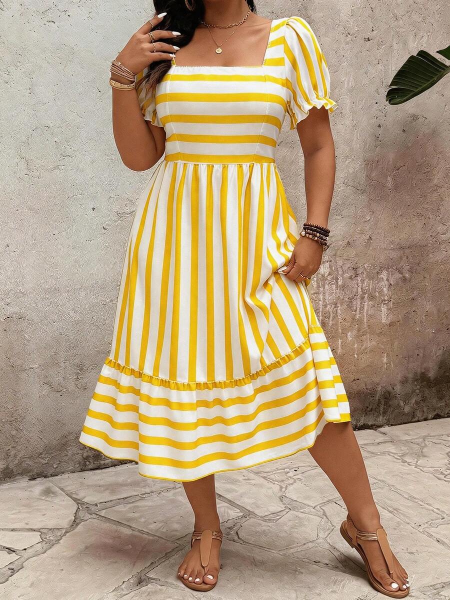 SHEIN Clasi Elegant Pattern Plus Size Women's Long Dress, Spring & Summer - Yellow - View 1